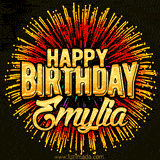 Golden 'Happy Birthday Emylia' text accompanied by animated rainbow fireworks for a festive animated greeting.