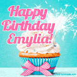 A festive cupcake with pink icing, a gingham bow, and a lit animated sparkler, paired with 'Happy Birthday Emylia!' in bright pink text.