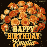 Animated bouquet of orange roses with moving butterfles and golden 'Happy Birthday Emylia' text, surrounded by sparkling accents and a dark backdrop for a luxurious feel.