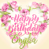 A stunning heart made of pink roses surrounds the elegant script text 'Happy Birthday Emylia' on a soft beige background. Animated sparkles add a magical and festive feel.