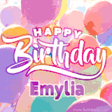 A vibrant name GIF featuring colorful balloons in shades of pink, orange, and yellow with the bold text 'Happy Birthday Emylia' in festive fonts, creating a lively birthday vibe.