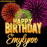 A golden 'Happy Birthday Emylynn' message with vibrant fireworks in the background, creating a festive and celebratory vibe in this animated name GIF.
