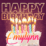 A colorful birthday cake topped with lit candles, with the words 'Happy Birthday Emylynn' in bold glowing letters on a burgundy background. Animated flames add a festive touch.
