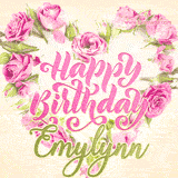 A stunning heart made of pink roses surrounds the elegant script text 'Happy Birthday Emylynn' on a soft beige background. Animated sparkles add a magical and festive feel.