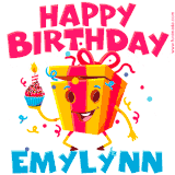 A vibrant and funny gift box character with a happy face dancing with a cupcake and the text 'Happy Birthday Emylynn,' surrounded by animated confetti and party vibes.