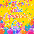 A bright and festive GIF with the text 'Feliz Cumpleaños Ena' in Spanish in colorful fonts, surrounded by confetti, balloons, and festive banners on a vibrant yellow background.