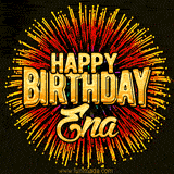 Golden 'Happy Birthday Ena' text accompanied by animated rainbow fireworks for a festive animated greeting.