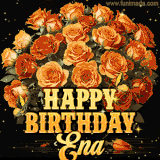 Animated bouquet of orange roses with moving butterfles and golden 'Happy Birthday Ena' text, surrounded by sparkling accents and a dark backdrop for a luxurious feel.