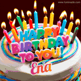A colorful birthday cake topped with lit candles, with the words 'Happy Birthday Ena' in bold glowing letters on a burgundy background. Animated flames add a festive touch.