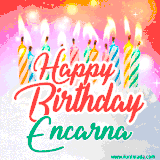 Bright birthday candles with rainbow flames on a cake, alongside the text 'Happy Birthday Encarna' in vibrant script in this celebratory animated GIF.