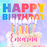 A vibrant animated name GIF with the words 'Happy Birthday Encarna' with colorful candles on a creamy cake. The background sparkles with pastel shades, adding a festive touch.