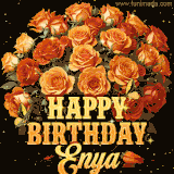 Animated bouquet of orange roses with moving butterfles and golden 'Happy Birthday Enya' text, surrounded by sparkling accents and a dark backdrop for a luxurious feel.