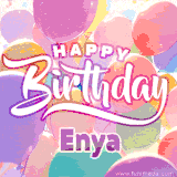 A vibrant name GIF featuring colorful balloons in shades of pink, orange, and yellow with the bold text 'Happy Birthday Enya' in festive fonts, creating a lively birthday vibe.