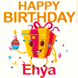 A vibrant and funny gift box character with a happy face dancing with a cupcake and the text 'Happy Birthday Enya,' surrounded by animated confetti and party vibes.