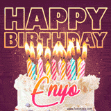 A colorful birthday cake topped with lit candles, with the words 'Happy Birthday Enyo' in bold glowing letters on a burgundy background. Animated flames add a festive touch.