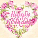 A stunning heart made of pink roses surrounds the elegant script text 'Happy Birthday Enyo' on a soft beige background. Animated sparkles add a magical and festive feel.