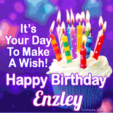 A colorful birthday GIF for Enzley featuring a cupcake with vibrant lit candles and the text 'It's Your Day to Make a Wish! Happy Birthday Enzley' in bold letters on a festive purple background.