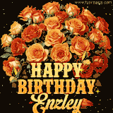 Animated bouquet of orange roses with moving butterfles and golden 'Happy Birthday Enzley' text, surrounded by sparkling accents and a dark backdrop for a luxurious feel.