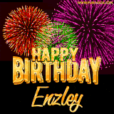 A golden 'Happy Birthday Enzley' message with vibrant fireworks in the background, creating a festive and celebratory vibe in this animated name GIF.