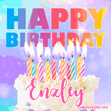 A vibrant animated name GIF with the words 'Happy Birthday Enzley' with colorful candles on a creamy cake. The background sparkles with pastel shades, adding a festive touch.