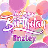 A vibrant name GIF featuring colorful balloons in shades of pink, orange, and yellow with the bold text 'Happy Birthday Enzley' in festive fonts, creating a lively birthday vibe.