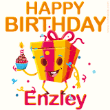 A vibrant and funny gift box character with a happy face dancing with a cupcake and the text 'Happy Birthday Enzley,' surrounded by animated confetti and party vibes.