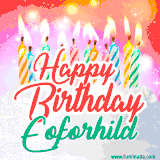 Bright birthday candles with rainbow flames on a cake, alongside the text 'Happy Birthday Eoforhild' in vibrant script in this celebratory animated GIF.