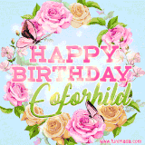 A charming animated GIF featuring 'Happy Birthday Eoforhild' in pink and green text, surrounded by delicate roses, leaves, and fluttering butterflies on a soft light blue pastel background.