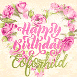 A stunning heart made of pink roses surrounds the elegant script text 'Happy Birthday Eoforhild' on a soft beige background. Animated sparkles add a magical and festive feel.