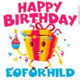 A vibrant and funny gift box character with a happy face dancing with a cupcake and the text 'Happy Birthday Eoforhild,' surrounded by animated confetti and party vibes.