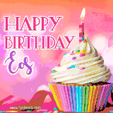 A vibrant birthday GIF featuring a rainbow-colored cupcake topped with white frosting, sprinkles, and a lit candle. The text reads 'Happy Birthday Eos' in bold pink and violet letters with white outline.