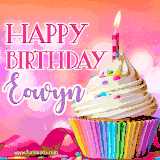 A vibrant birthday GIF featuring a rainbow-colored cupcake topped with white frosting, sprinkles, and a lit candle. The text reads 'Happy Birthday Eowyn' in bold pink and violet letters with white outline.