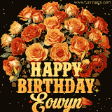 Animated bouquet of orange roses with moving butterfles and golden 'Happy Birthday Eowyn' text, surrounded by sparkling accents and a dark backdrop for a luxurious feel.