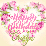 A stunning heart made of pink roses surrounds the elegant script text 'Happy Birthday Eowyn' on a soft beige background. Animated sparkles add a magical and festive feel.