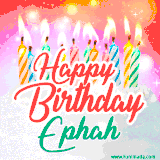 Bright birthday candles with rainbow flames on a cake, alongside the text 'Happy Birthday Ephah' in vibrant script in this celebratory animated GIF.