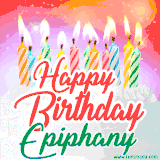 Bright birthday candles with rainbow flames on a cake, alongside the text 'Happy Birthday Epiphany' in vibrant script in this celebratory animated GIF.