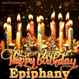 A glowing personalized birthday GIF with name Epiphany featuring lit candles with intricate designs, warm lighting, and the text 'Happy Birthday' in an elegant font.