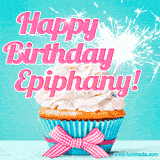 A festive cupcake with pink icing, a gingham bow, and a lit animated sparkler, paired with 'Happy Birthday Epiphany!' in bright pink text.