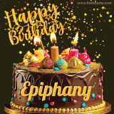 A delightful chocolate birthday cake with bright candles and 'Happy Birthday Epiphany' written in gold amidst a shower of animated stars.
