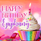 A vibrant birthday GIF featuring a rainbow-colored cupcake topped with white frosting, sprinkles, and a lit candle. The text reads 'Happy Birthday Epiphany' in bold pink and violet letters with white outline.