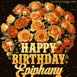 Animated bouquet of orange roses with moving butterfles and golden 'Happy Birthday Epiphany' text, surrounded by sparkling accents and a dark backdrop for a luxurious feel.