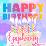 A vibrant animated name GIF with the words 'Happy Birthday Epiphany' with colorful candles on a creamy cake. The background sparkles with pastel shades, adding a festive touch.