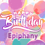 A vibrant name GIF featuring colorful balloons in shades of pink, orange, and yellow with the bold text 'Happy Birthday Epiphany' in festive fonts, creating a lively birthday vibe.