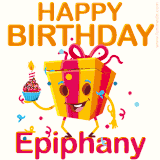 A vibrant and funny gift box character with a happy face dancing with a cupcake and the text 'Happy Birthday Epiphany,' surrounded by animated confetti and party vibes.