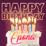 A colorful birthday cake topped with lit candles, with the words 'Happy Birthday Epona' in bold glowing letters on a burgundy background. Animated flames add a festive touch.