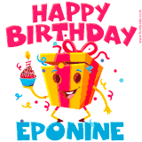 A vibrant and funny gift box character with a happy face dancing with a cupcake and the text 'Happy Birthday Eponine,' surrounded by animated confetti and party vibes.