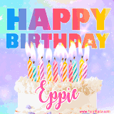 A vibrant animated name GIF with the words 'Happy Birthday Eppie' with colorful candles on a creamy cake. The background sparkles with pastel shades, adding a festive touch.