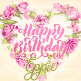 A stunning heart made of pink roses surrounds the elegant script text 'Happy Birthday Eppie' on a soft beige background. Animated sparkles add a magical and festive feel.
