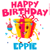 A vibrant and funny gift box character with a happy face dancing with a cupcake and the text 'Happy Birthday Eppie,' surrounded by animated confetti and party vibes.