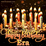 A glowing personalized birthday GIF with name Era featuring lit candles with intricate designs, warm lighting, and the text 'Happy Birthday' in an elegant font.